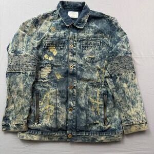 Track 23 Mens Acid Wash Denim Jacket Gold Paint Splatter Moto Distressed Blue
